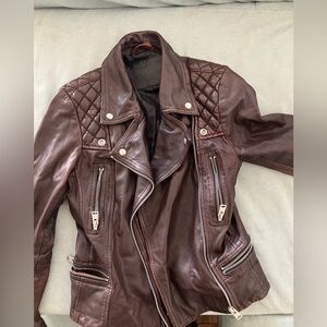 All Saints Quilted Maroon Brown Leather Jacket